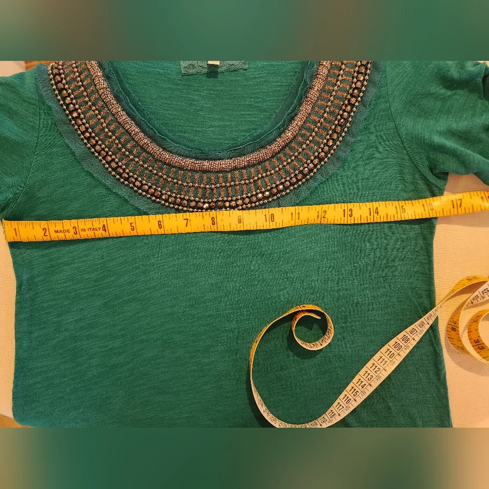 Anthropologie Delleta Green Beaded Top sz S Shirt Blouse teal boho maximalist - Picture 4 of 6